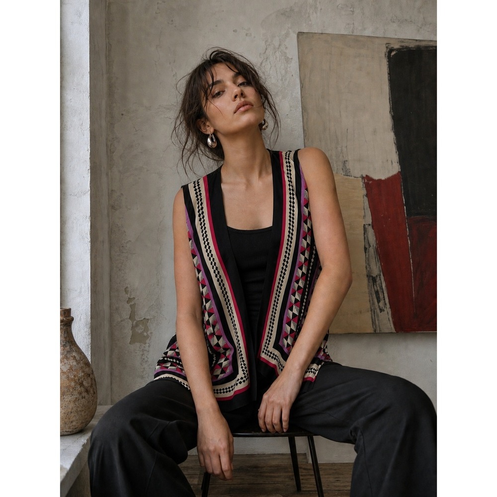 Bob Mackie Womens XL Art to wear Geometric Scarf Print Open Front vest Bold Chic